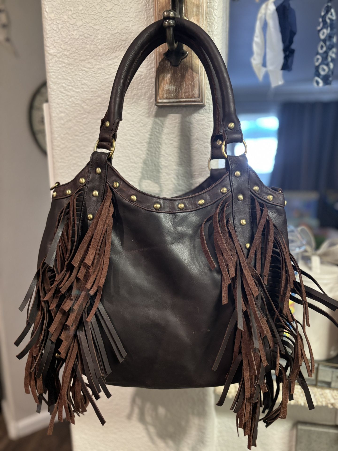 Free People “Raj” Brown Genuine Leather Fringe Tote Bag