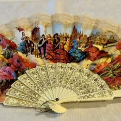 Vintage Spanish Victorian Ivory Hand Fan, abanico for cooling, fashion, Flamingo dance