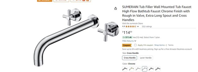 Tub Filler Wall Mounted Tub Faucet High Flow Bathtub , Extra Long Spout and Cross Handles