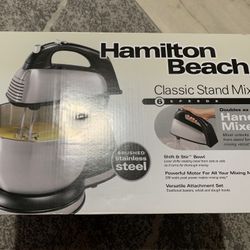 Hamilton Beach Classic Stand and Hand Mixer, 4 Quarts, 6 Speeds with QuickBurst, Bowl Rest, 290 Watts Peak Power, Black and Stainless