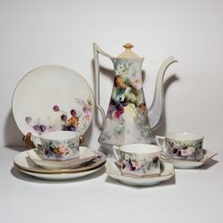 Antique Coffee Pot Teacups and Plates Berries Flowers