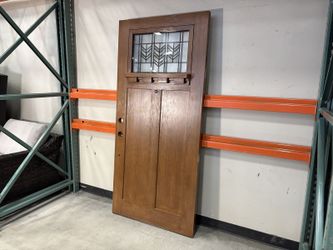 PROVIA Signet Craftsman-Style Oak Woodgrain Finished Fiberglass Right Hand Inswing Exterior Door with Textured Chevron Leaded Glass