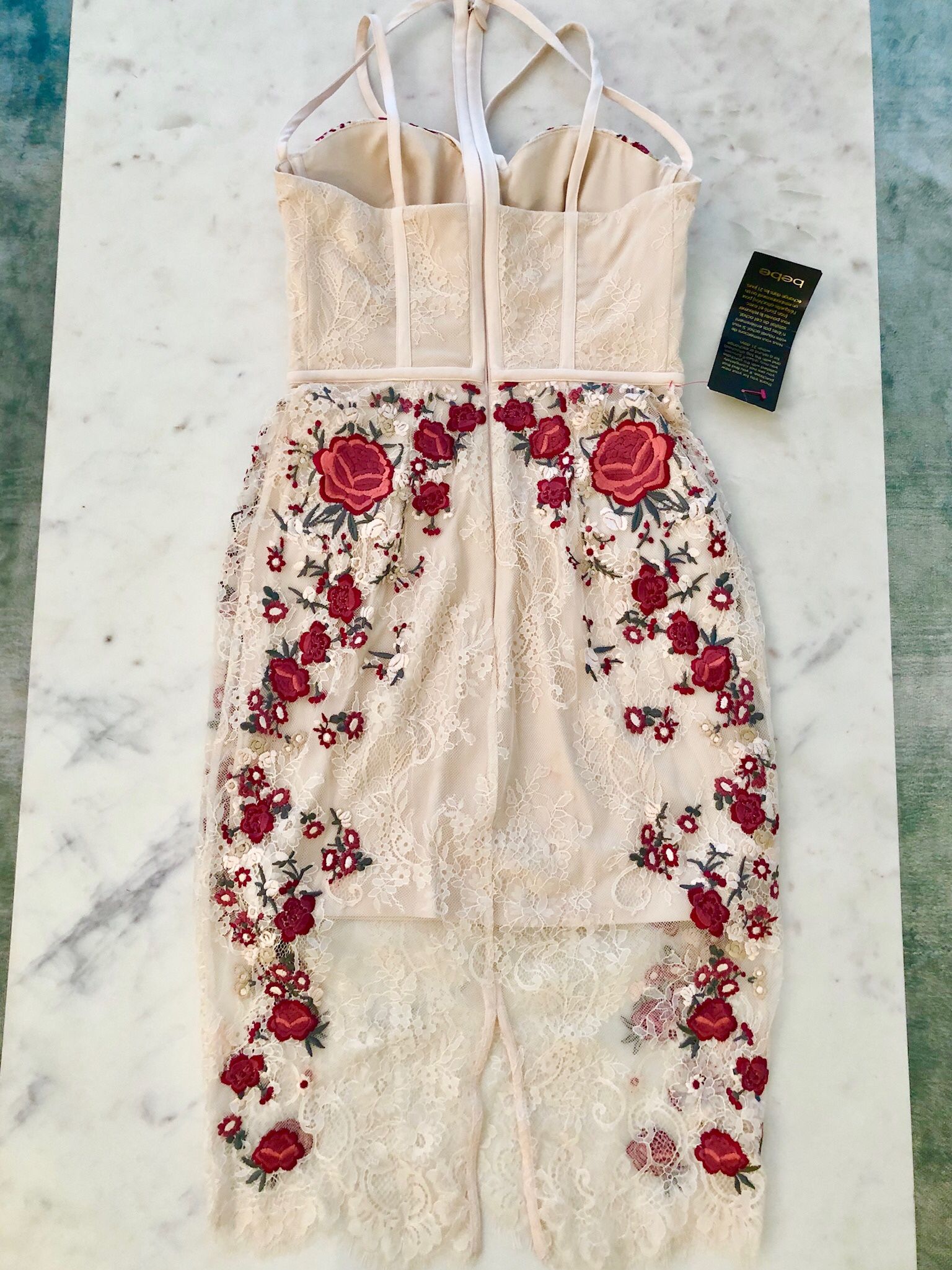 Must Go BEBE Maddie Lace Embroidered Midi Dress