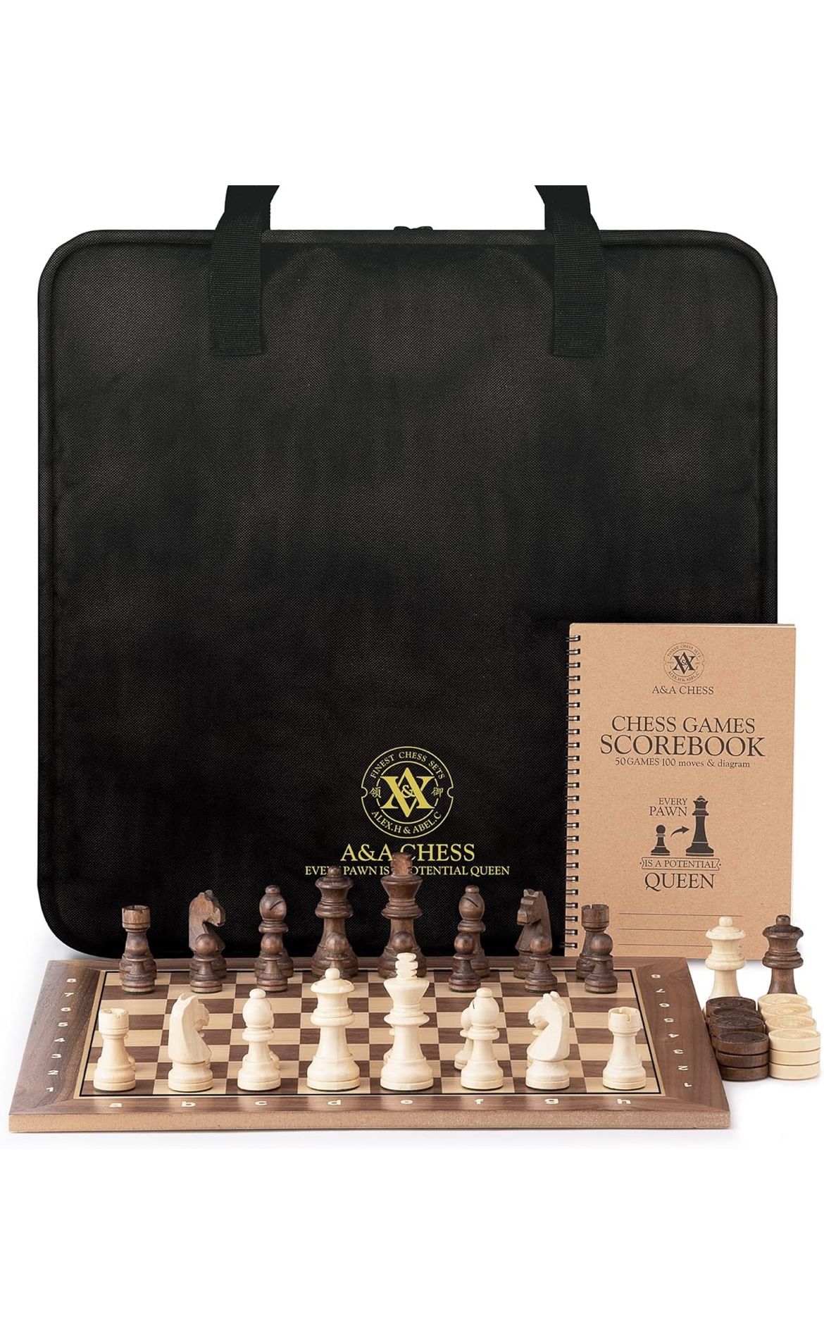 A&A Professional Wooden Chess and Checkers Set, 15.5" Wooden Board with 3" Weighted Wooden Chess Pieces, Chess Scorebook and Storage Bag