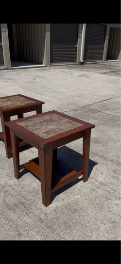 Dark Wood End Tables with Stone Top — Set of 2