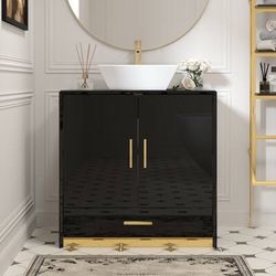 New-New- Bathroom Vanity with Ceramic Basin – High Gloss Storage Cabinet with Drawer, Modern Luxury Sink Unit - White & Black
