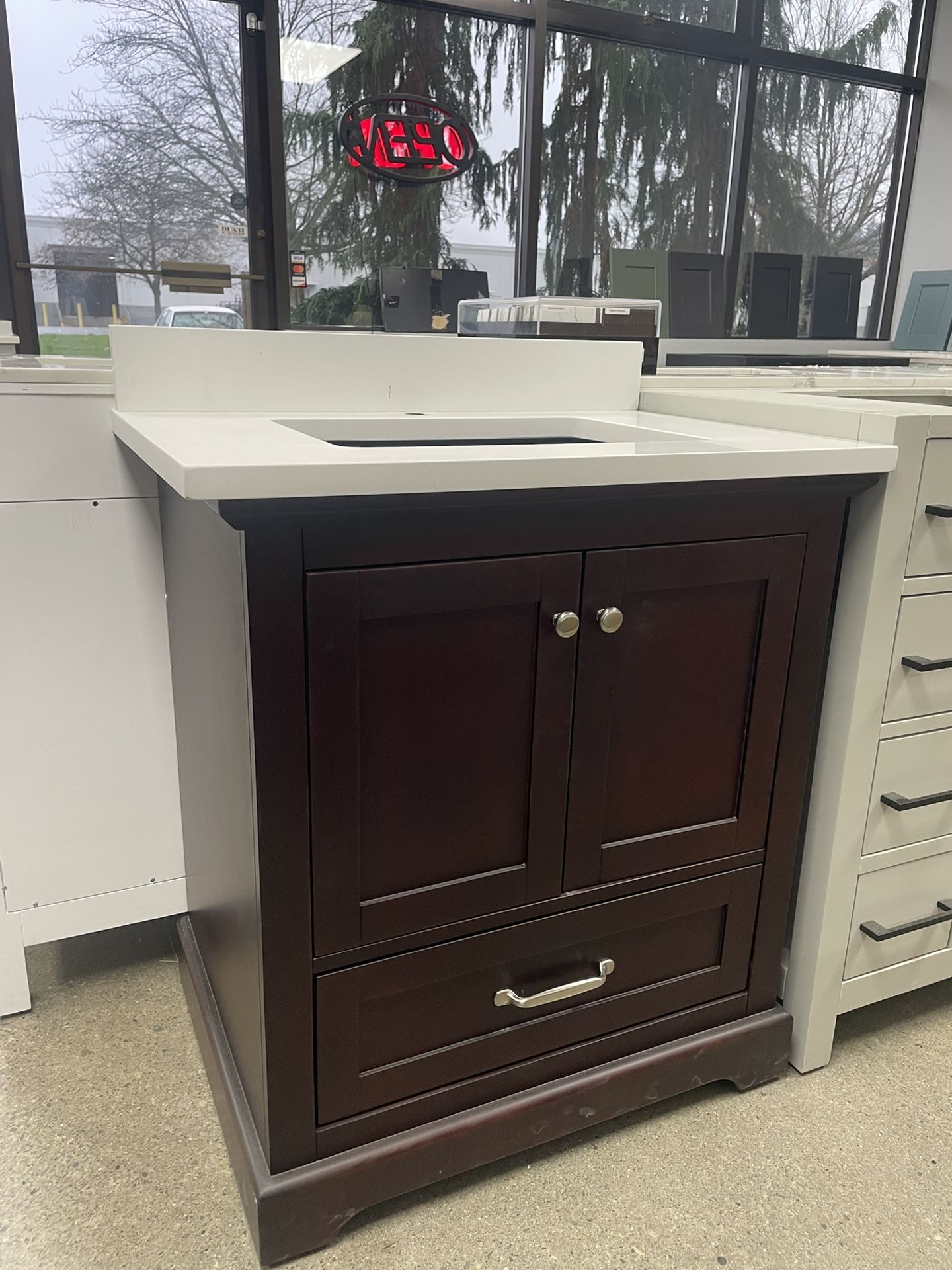 Bathroom vanity cabinet 30” solid Birch Quartz top with sink and backsplash
