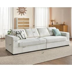 112 inch Couch, Oversized Sofa- Deep Seat Sofa in Beige Corduroy, Comfy Sofa for Living Room