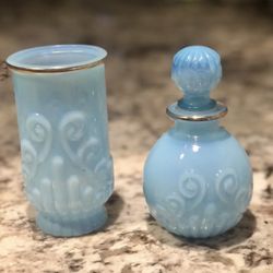 AVON Bristol Turquoise Blue Milk Glass, Perfume Bottle & Cup Vintage