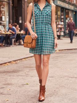 Teal Plaid Sleeveless Shirtdress