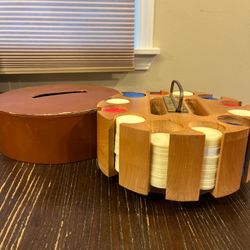 Vtg Wooden Poker Chip Carousel Caddy w Brass Handle & Chips MCM Game Room Set
