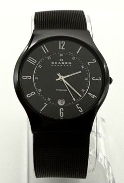 Skagen titanium watch, 38mm size case, 9.5in sizable wrist bracelet 
