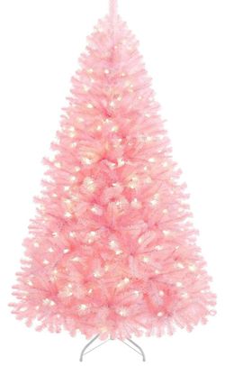 Yaheetech 7.5ft Pre-lit Christmas Tree with 550 Warm White Lights, Pink.