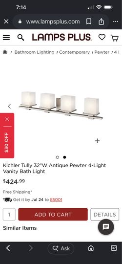 Kichler Tully 32" 4 Light Vanity Light With Satin Etched Cased Opal Glass Antique Pewter 4 Light Antique Pewter
