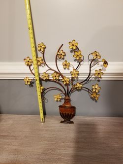 Metal wall art; brown and gold; vase w/ flowers- $12