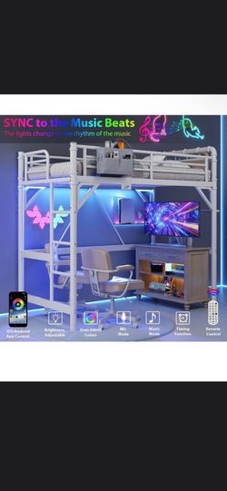 Twin Size Loft Bed with LED Lights and Charging Station, Industrial Heavy Duty Metal Loft Bed Frame with Ladder and Guardrail for Kids Adults, Small S