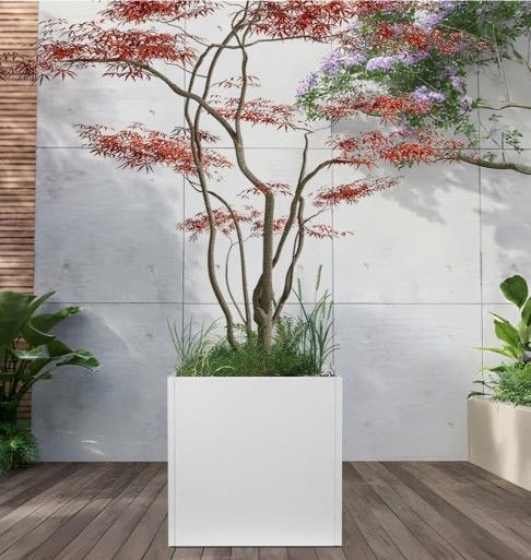 White Steel Planter Square Outdoor Planters Galvanized Steel Planter Box Indoor Metal Large Planters Cube Heavy Duty Flower Pot 26 Inch