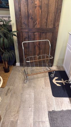 Mid Century Teak & Stainless Cart on Wheels Magazine Record Holder MCM