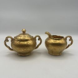Vintage Osborne China 22 Kt Gold Hand Painted Floral Creamer & Sugar Set