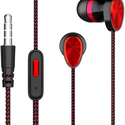 Wired Headphones with Microphone, 3.5mm in-Ear Sports Earbuds, Heavy Bass Earphones with case for Gaming, Sports (Red)