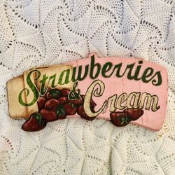 Vintage 1993 Hand-Painted Pink “Strawberries & Cream” Wood Sign – Farmhouse Kitchen Wall Decor