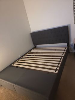 Gray Upholstered Queen Bed Frame with Storage Drawers