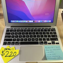 MacBook Air 11” 2015 Intel Core , 4gb Ram ,256gb Flash SSD, macOS Monterey Comes with $90 worth Microsoft office package installed . Charger 