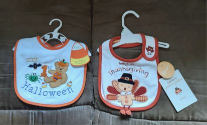 New Baby Holiday Bibs set of 2 - Baby's 1st  first Halloween & Thanksgiving