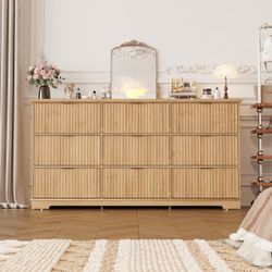Fluted 9 Drawers Dresser for Bedroom, 63" Wood Dresser with Power Outlet and Deep Drawers, Wide Chest of Drawers, Modern Closet Dressers for Bedroom, 