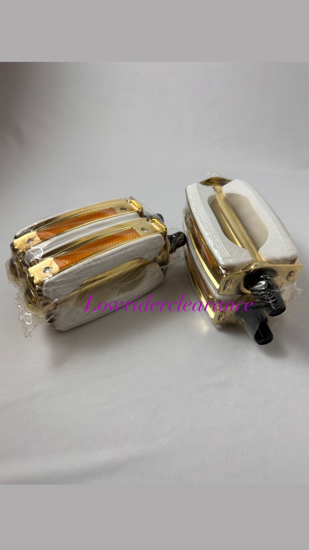 1/2” Low Rider Pedals Selling As A Pair Firm Price‼️. $27. Gold n White ❗️ Flat Twisted $35❗️ Double Square Twisted $55❗️ Bird cage (show pedals)$25