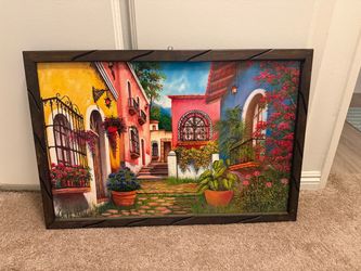 Framed Mexican Courtyard Oil Painting