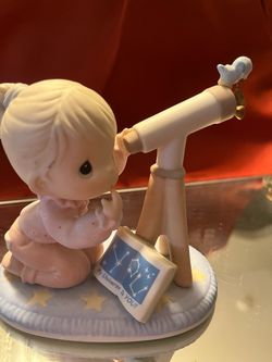 Precious Moments “My Universe is You” statue, booklet spells “YOU”, that she is gazing at, bits on top of telescope