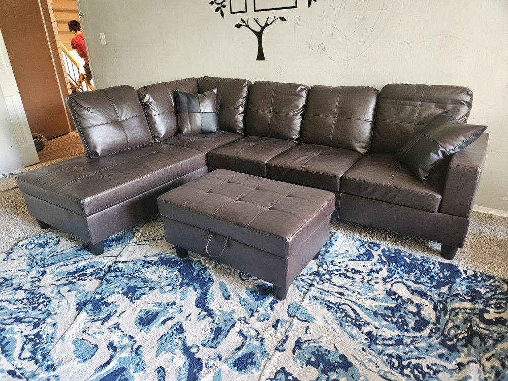 Brand New Espresso Faux Leather Sectional With Ottoman And Pillows