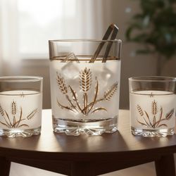 1960s Vintage Midcentury Italian Frosted Glass Ice Bucket and Whiskey Glasses