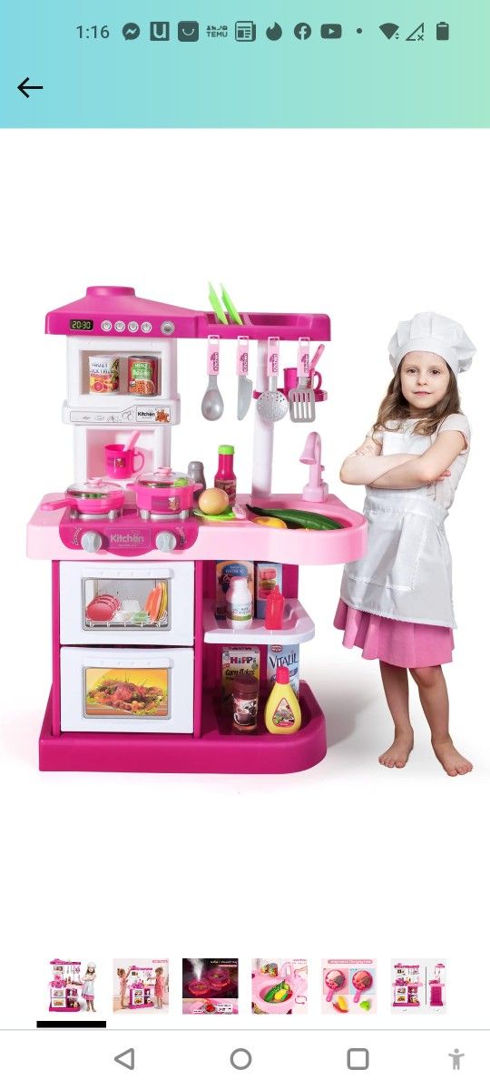 Temi Play Kitchen Playset Pretend Food - 53 PCS Pink Kitchen Toys for Toddlers, Toy Accessories Toddler Set w/ Real Sounds and Light, Toddler Outdoor