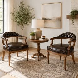 Classic Leather Barrel Dining Chair with Nailhead Trim – Walnut Finish