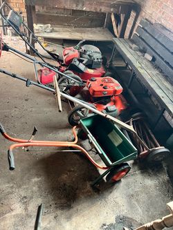 Scott’s Mower/Spreader, Toro Super Recycler, Craftsman Push Mower, Extension Ladder, Lawn Roller