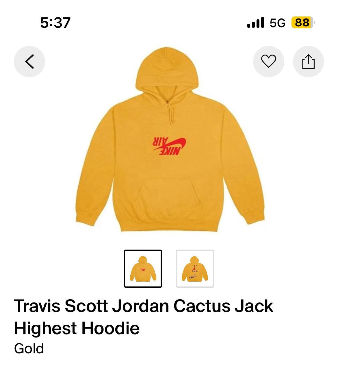 Cactus Jack Travis Scott Highest Nike Air Hoodie Yellow Men’s Medium