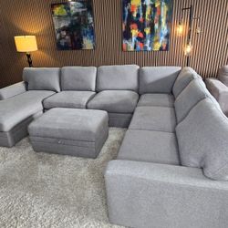 LIKE NEW - 4 Piece Gray Thomasville Langdon Fabric Sectional with Chaise and Storage Ottoman