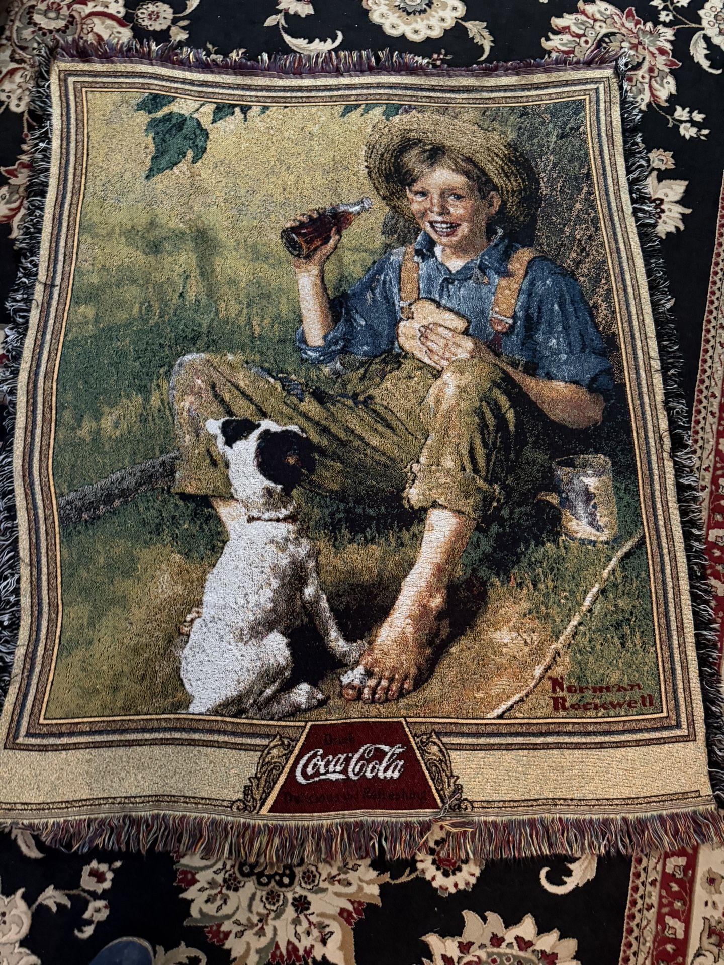 Vintage COCA COLA Woven Throw Blanket- Knit Tapestry- Fringe- Large 55”x 43”