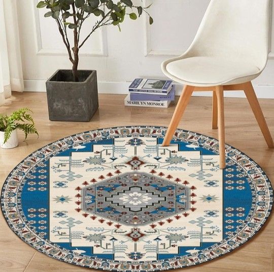 New Washable Rug 5 Ft Round Vintage Medallion Area Rugs with Non-Slip Backing Soft Stain Resistant Non-Shedding Low-Pile Floor Carpet Mat