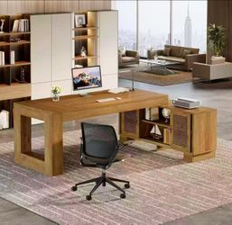 JW1009AB 63 inch W Brown L Shaped Computer Desk Writing Table with 2 Tiers Cabinets and Shelves