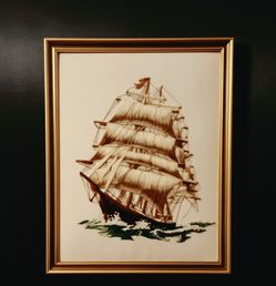 Vintage framed crewel embroidery piece titled "Before the Wind" 18"×22"