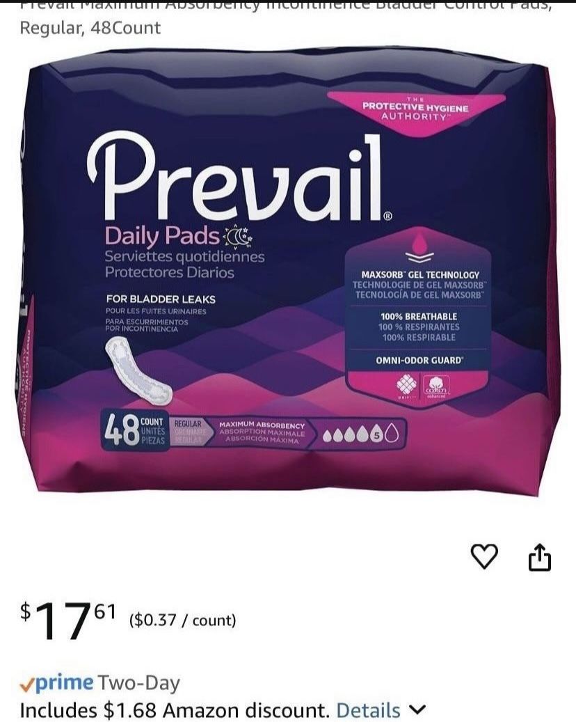BRAND NEW PACK OF 48 PREVAIL BLADDER PADS