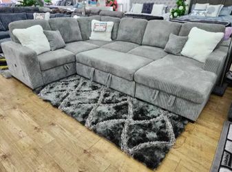Fog corduroy U shaped sectional pullout sleeper sofa bed with storage chaise 