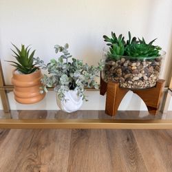 3 faux plants - marble white swirl, glass wooden 