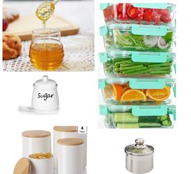 Kitchen items: Canister Sets - Sugar Jar - Honey Jar - 5 Pack Glass Food Storage Containers