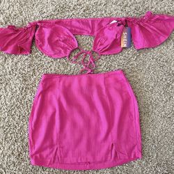 Off shoulder drawstring knot top & slit skirt set