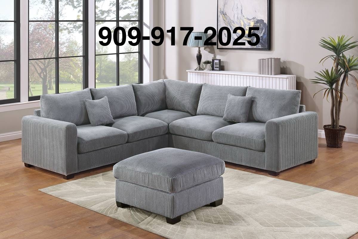 COMFORTABLE GREY CORDUROY SECTIONAL WITH OTTOMAN