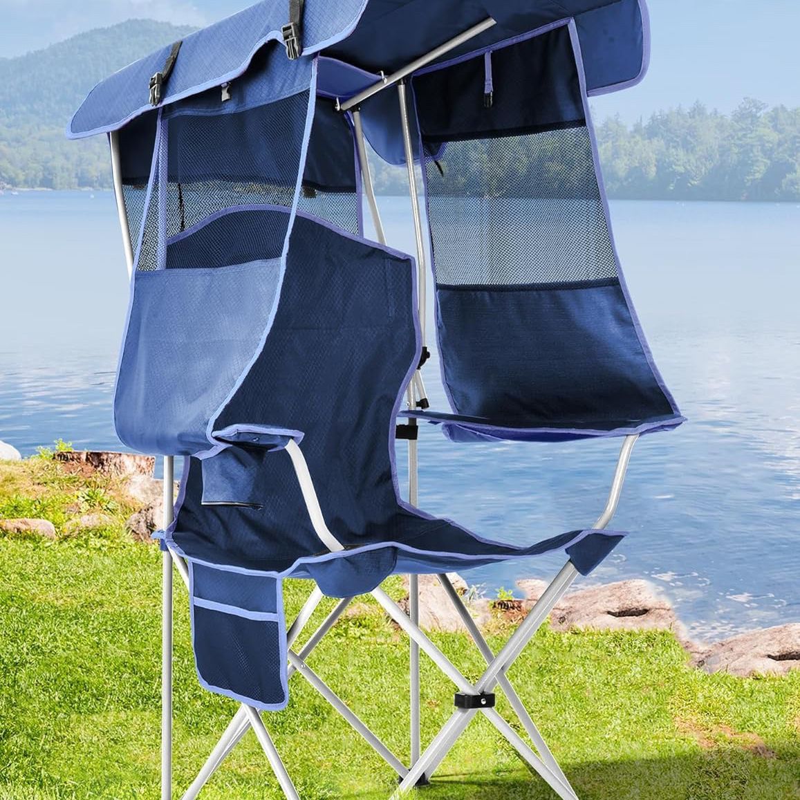 Docusvect Beach Chair with Canopy Shade, Canopy Beach Chair for Adults with Cup Holder, Side Pocket for Camp, Beach, Tailgates, Fishing - Support 330 